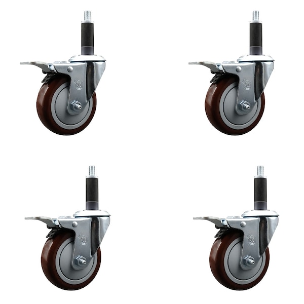 4'' Maroon Poly Swivel 1'' Expanding Stem Caster Set Total Lock Brake, 4PK
